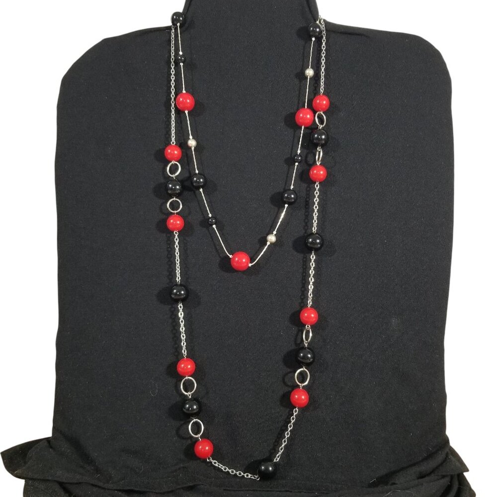 Red & Black Jewelry Bundle Beads on Silver Chains Choker and Rope